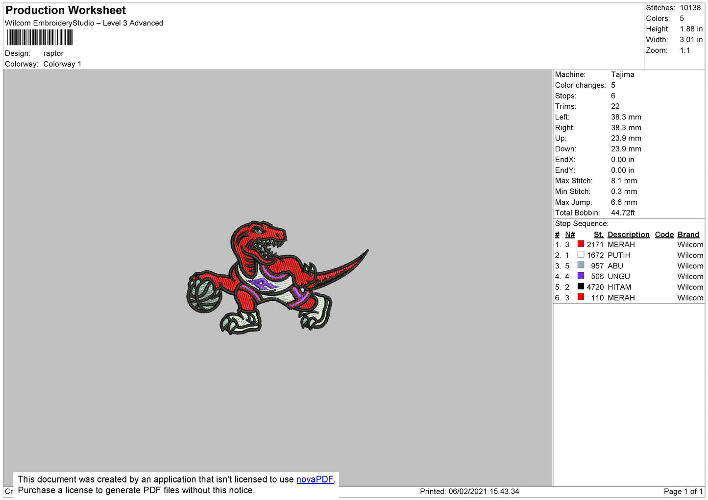 Raptor Embroidery File 4 size