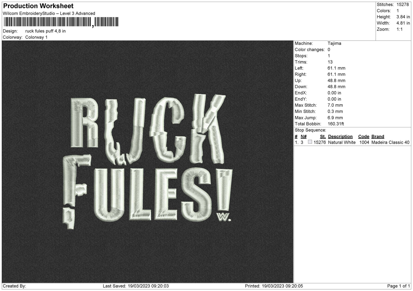 Ruck Puff Embroidery File 6 sizes