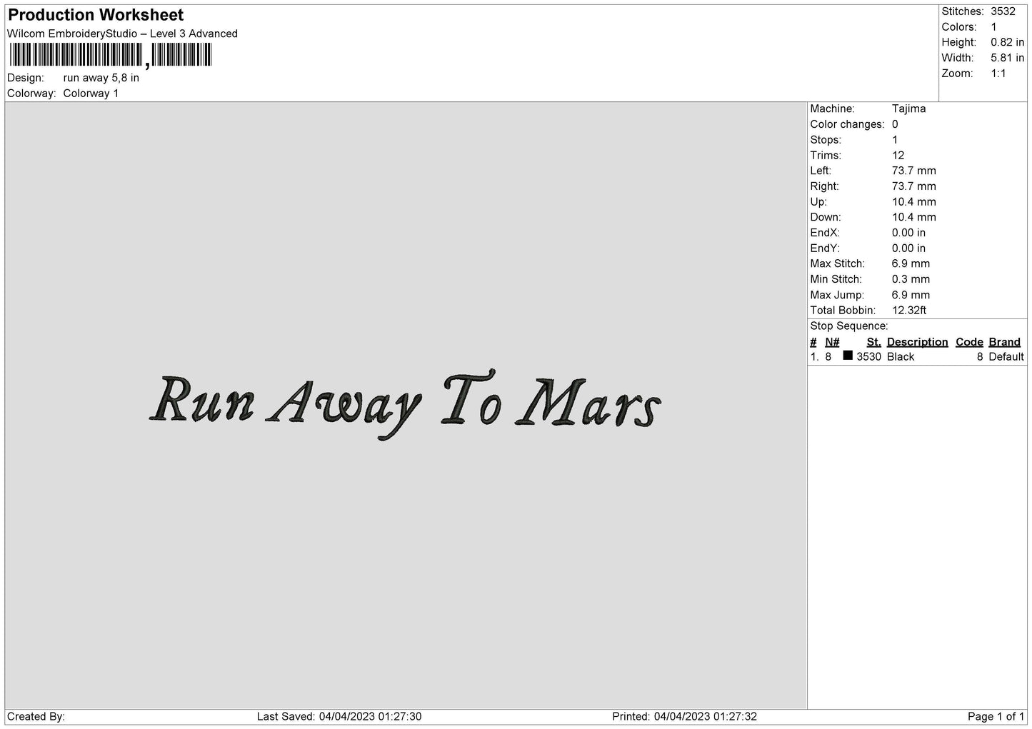 Run Away Embroidery File 6 sizes