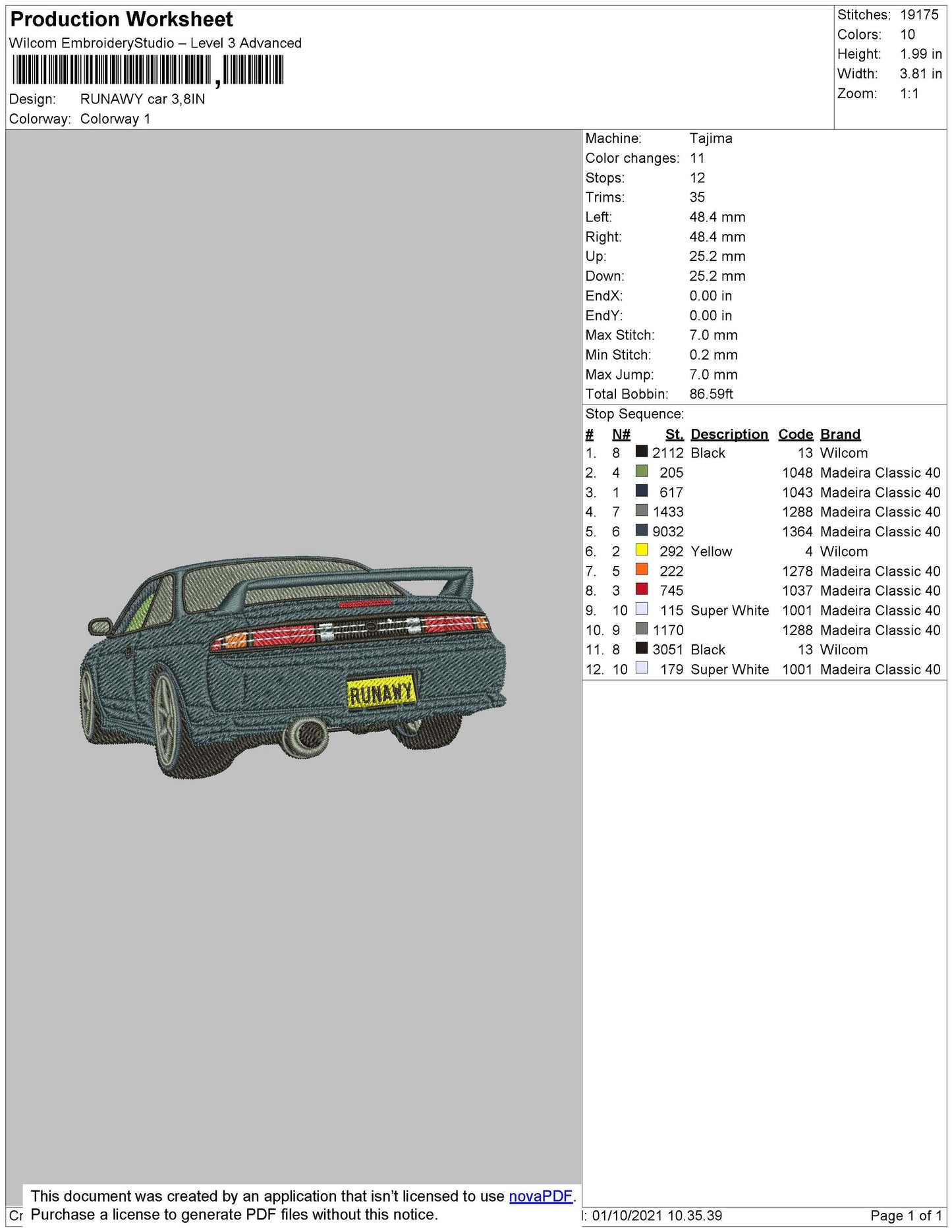 Runawy Car Embroidery File 4 size