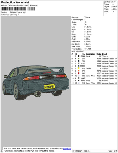 Runawy Car Embroidery File 4 size