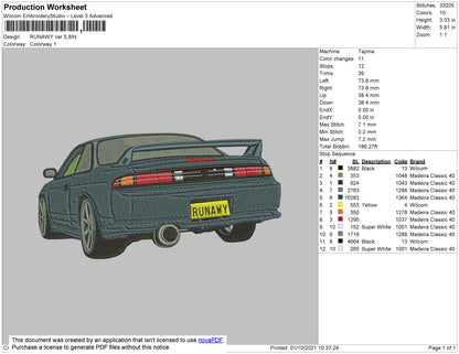 Runawy Car Embroidery File 4 size