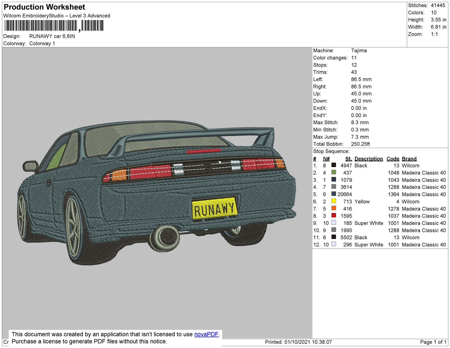 Runawy Car Embroidery File 4 size