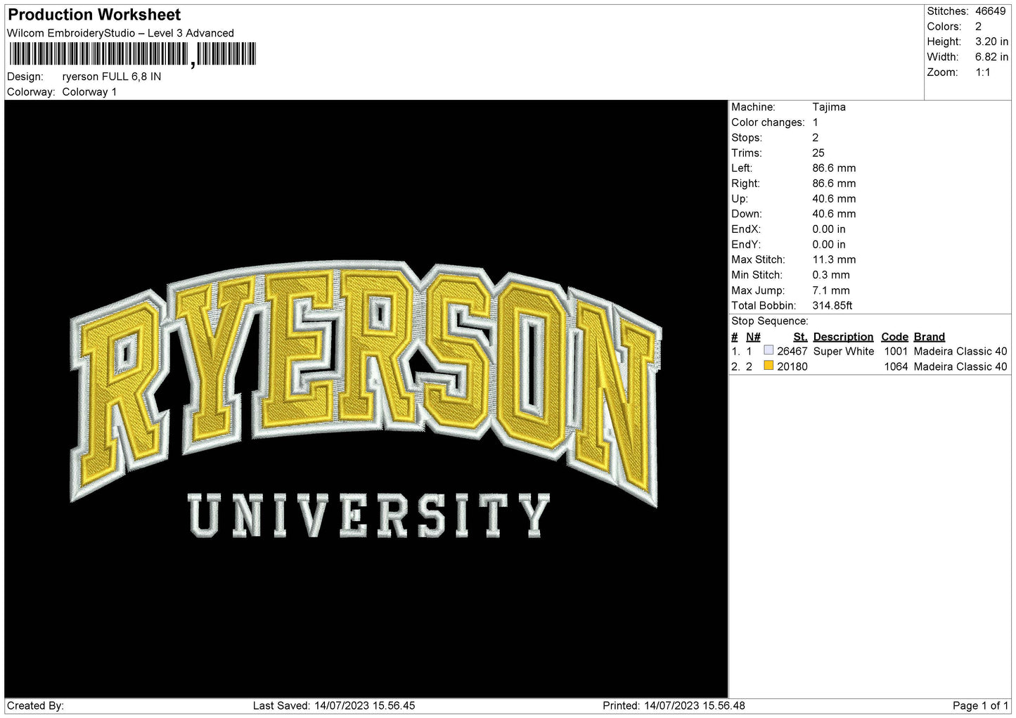 Ryerson Embroidery File 6 sizes