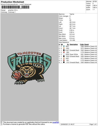 Grizzlies Embroidery File 4 size