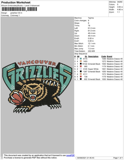 Grizzlies Embroidery File 4 size