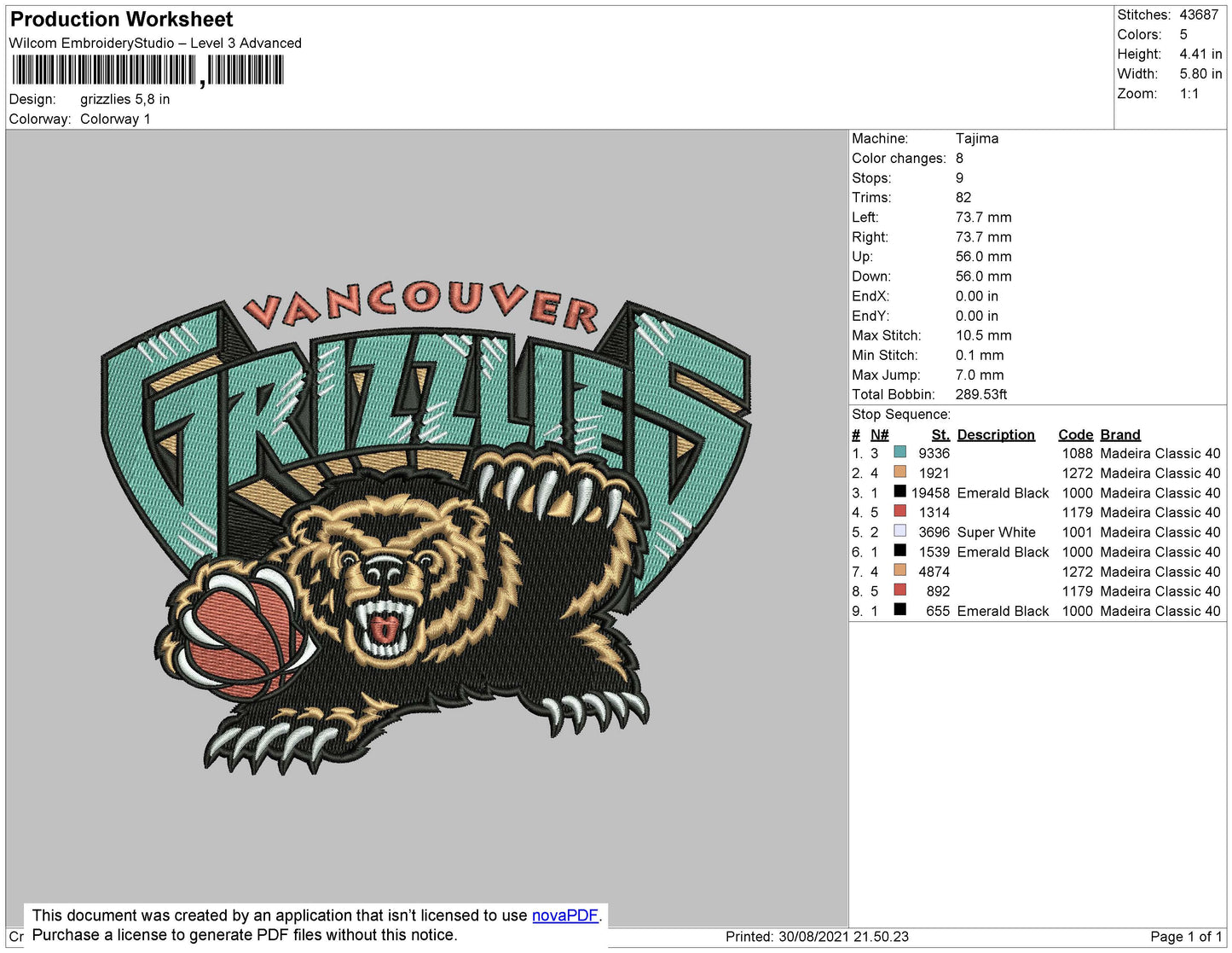 Grizzlies Embroidery File 4 size