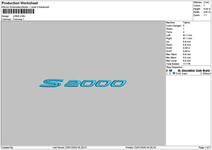 S2000 Embroidery File 6 sizes