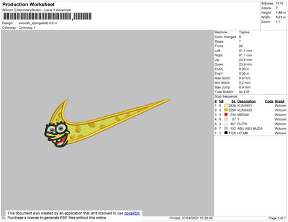 Swoosh Spongebob 02 Embroidery File 4 size