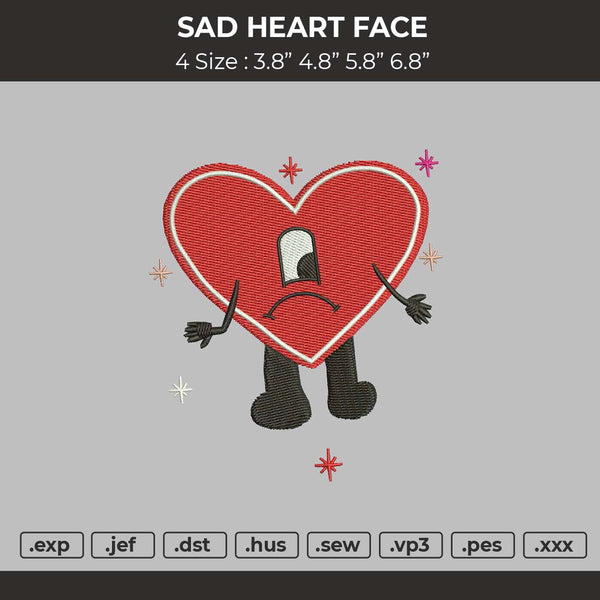 Sad Heart Face Embroidery File 4 size