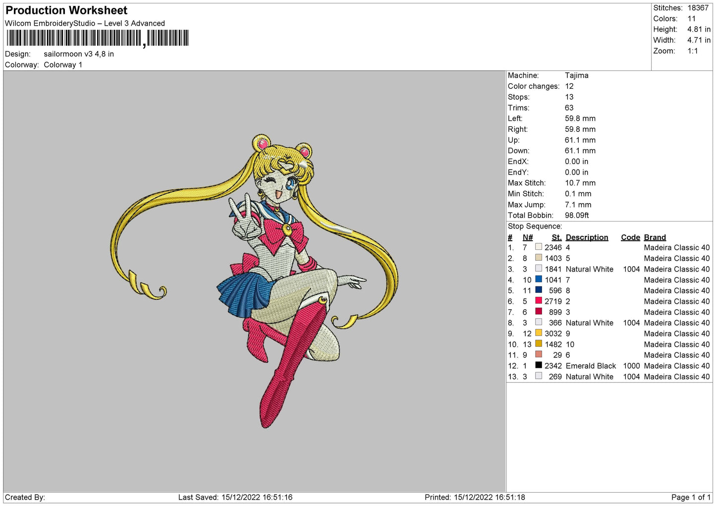 Sailormoon V3 Embroidery File 6 sizes