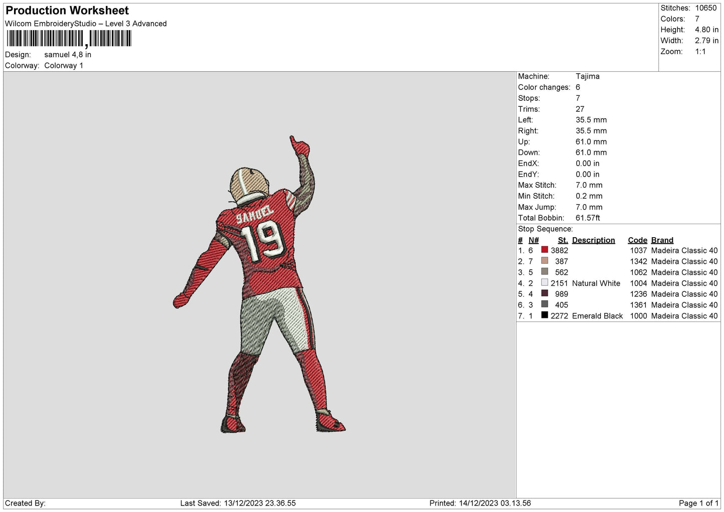 Player 19 Embroidery File 6 sizes