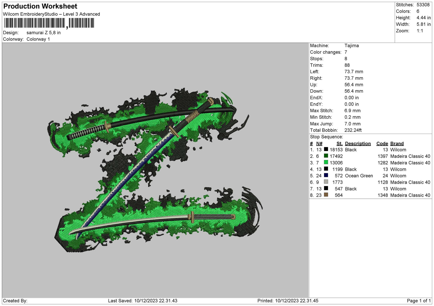 Samurai 1012 Embroidery File 6 sizes