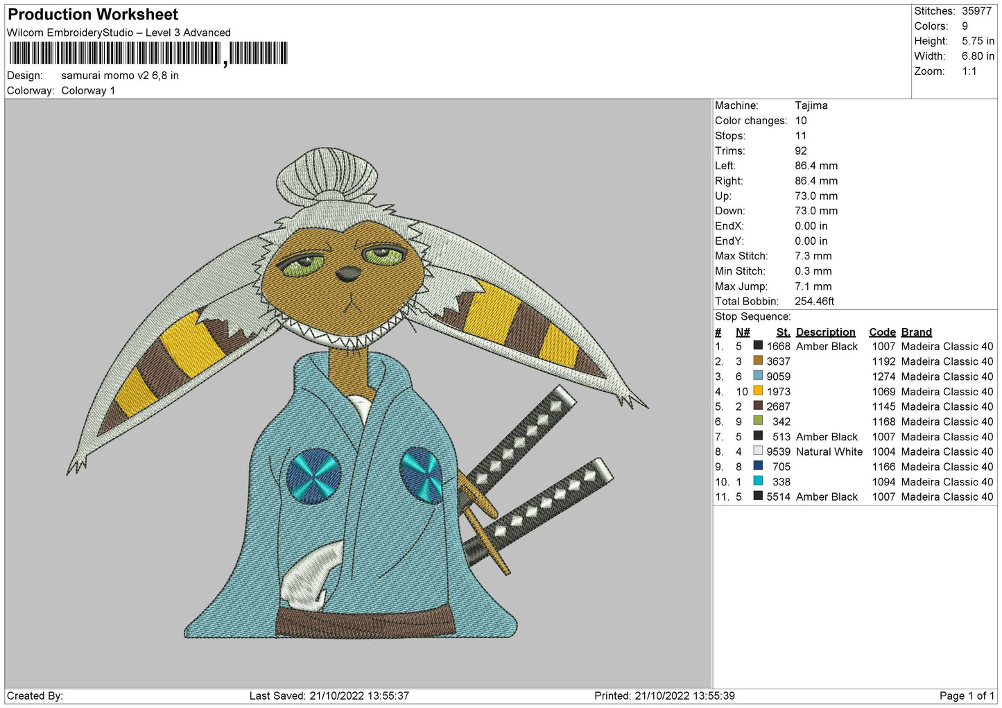 Samurai Momo V2 Embroidery File 6 sizes