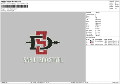 San Diego States Embroidery File 4 size
