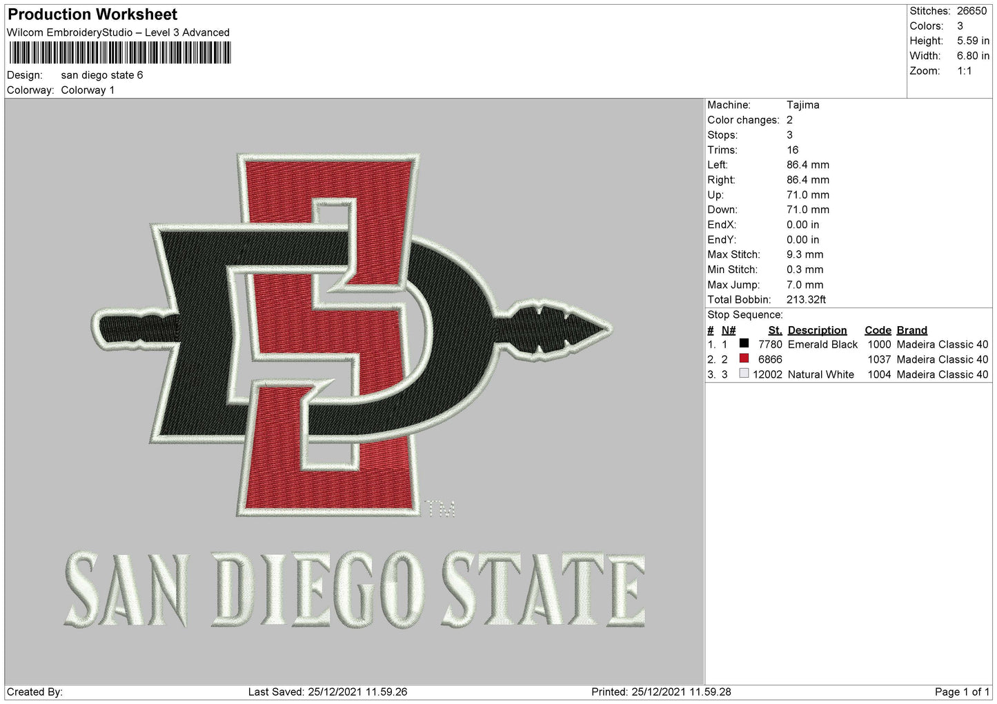 San Diego States Embroidery File 4 size