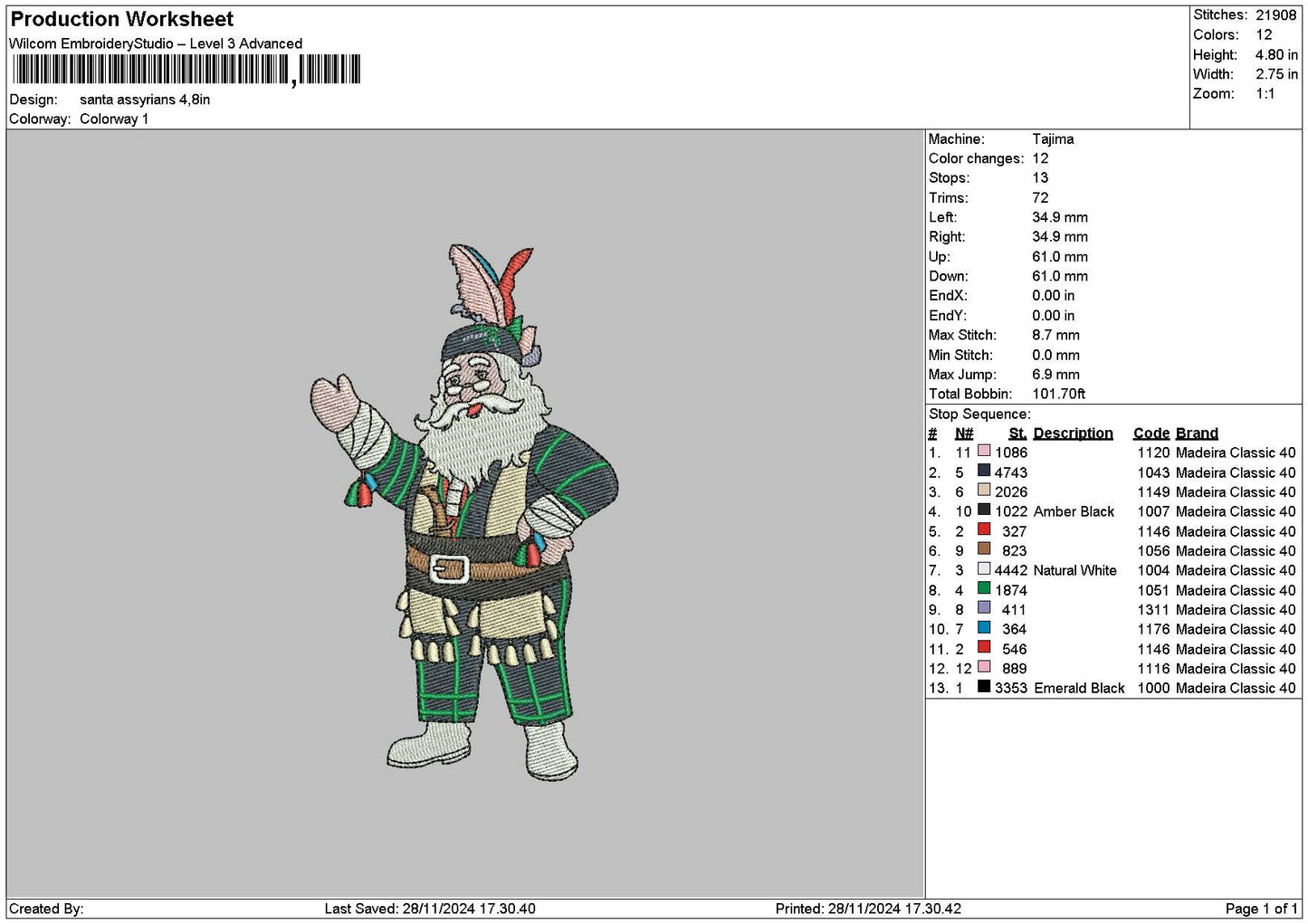 Santa 2811 Embroidery File 6 sizes