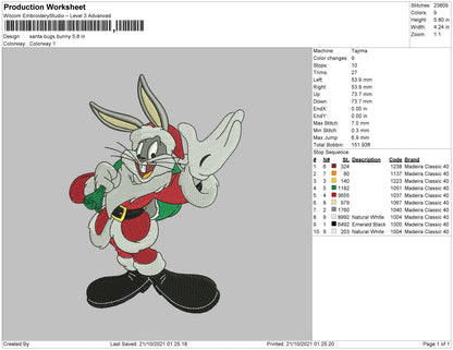 Santa Bugs Bunny Embroidery File 4 size