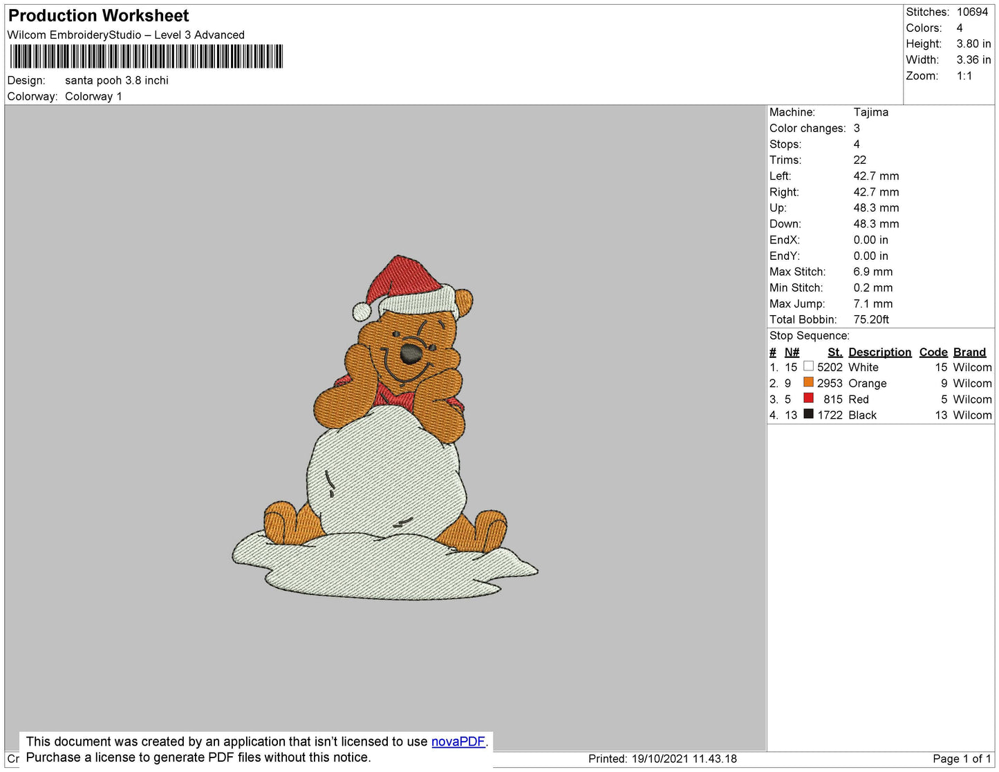 Santa Pooh Embroidery File 4 size
