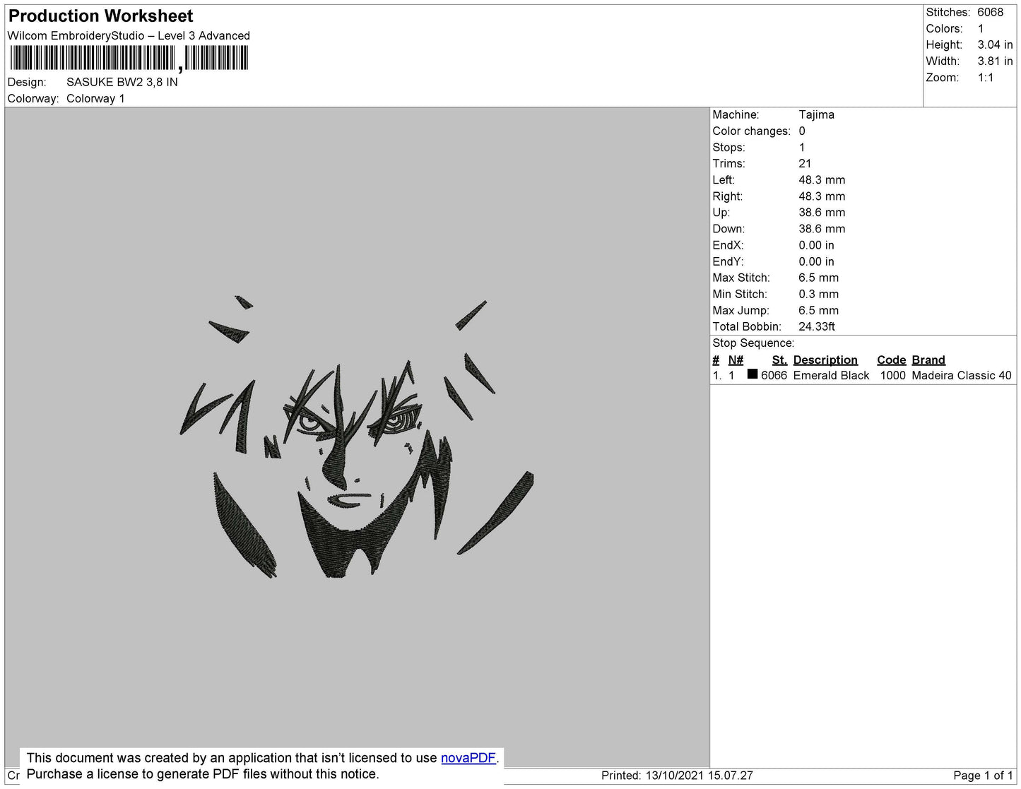 Sasuke BW2 Embroidery File 4 size