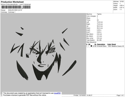 Sasuke BW2 Embroidery File 4 size