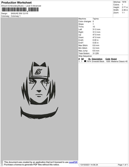 Sasuke BW Embroidery File 4 size