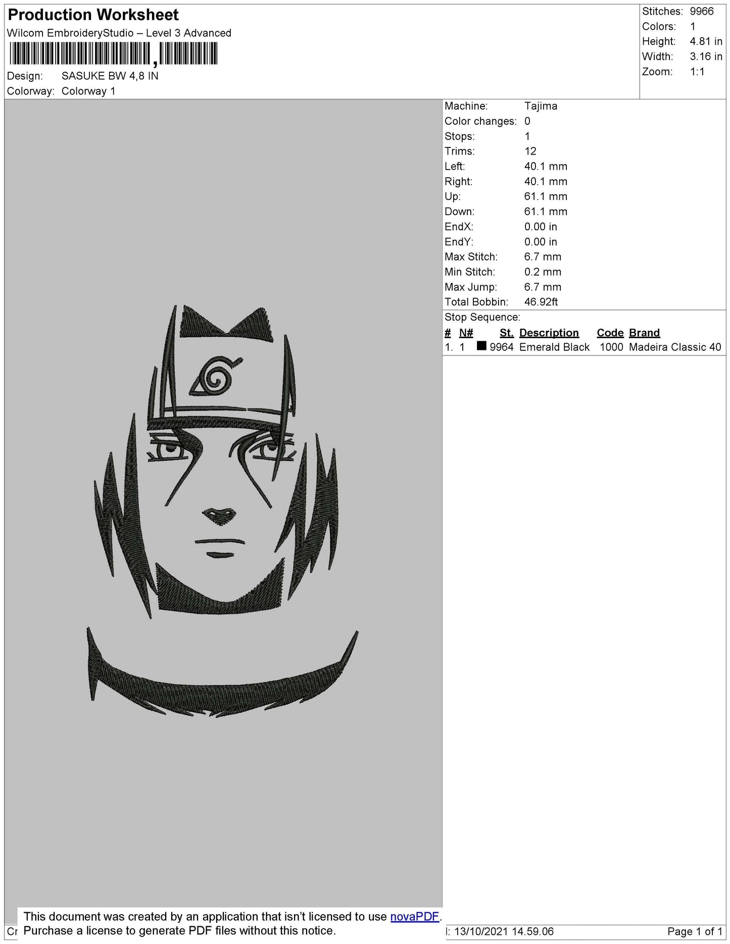 Sasuke BW Embroidery File 4 size