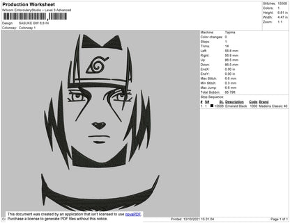 Sasuke BW Embroidery File 4 size
