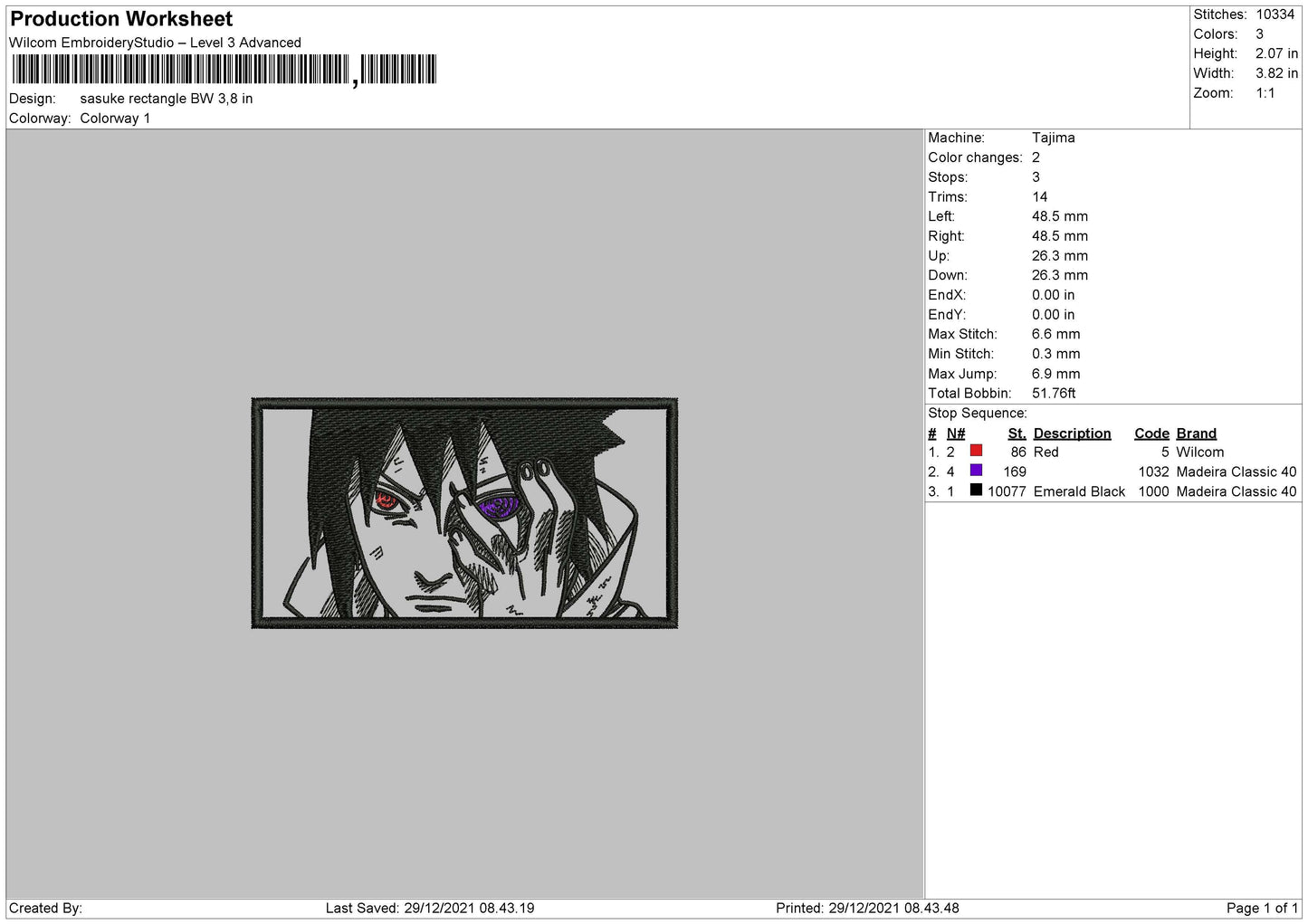 Sasuke Rectangle BW Embroidery File 4 size