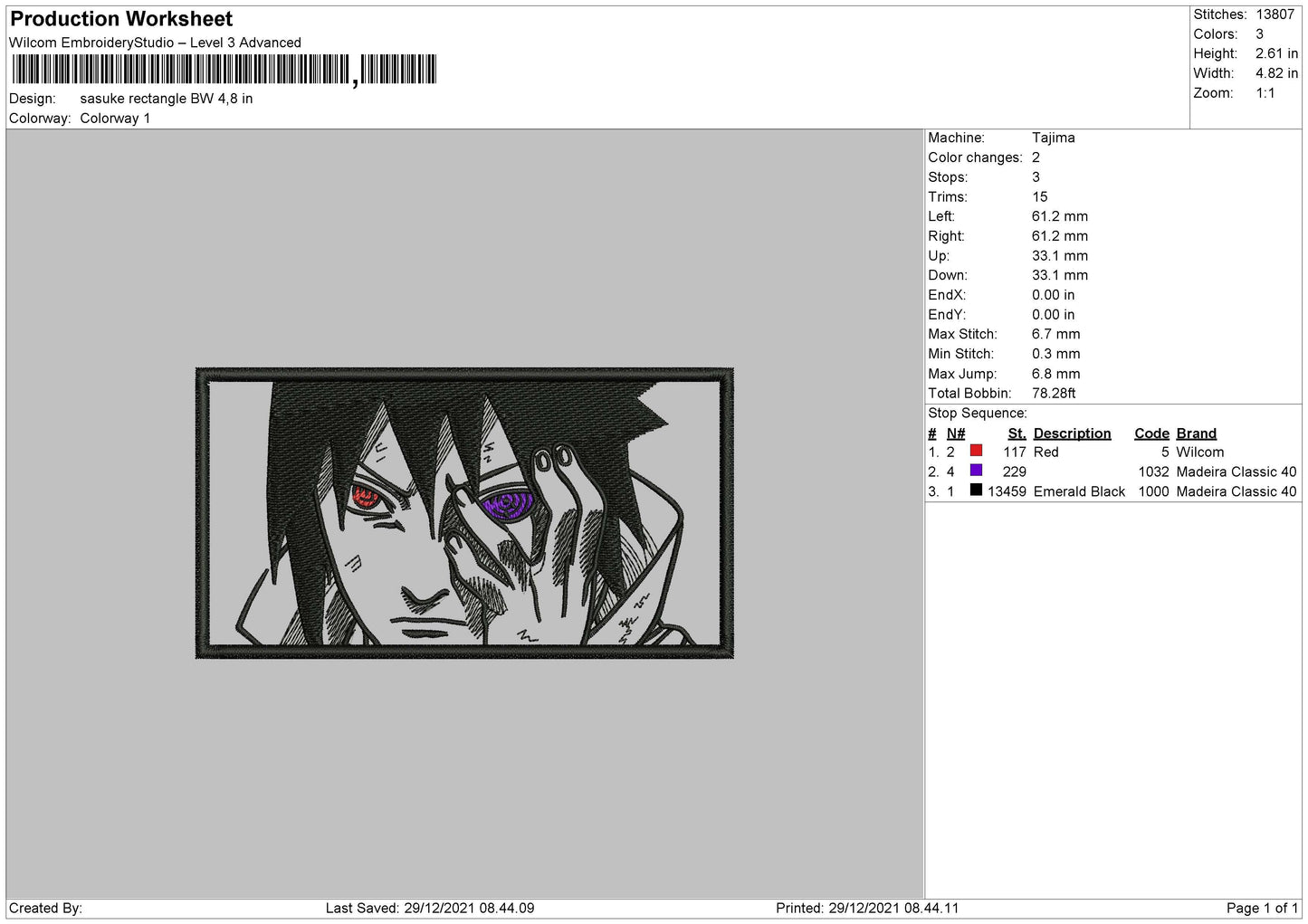 Sasuke Rectangle BW Embroidery File 4 size