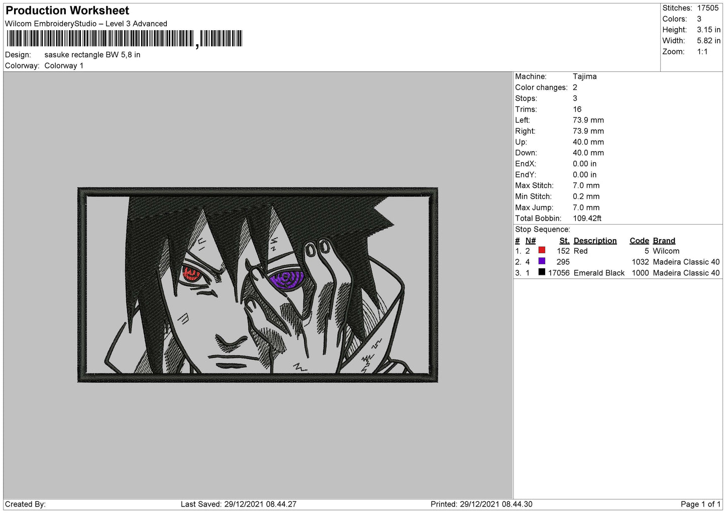Sasuke Rectangle BW Embroidery File 4 size