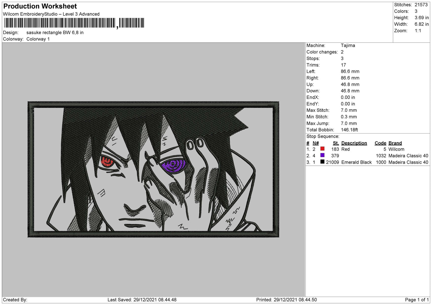 Sasuke Rectangle BW Embroidery File 4 size