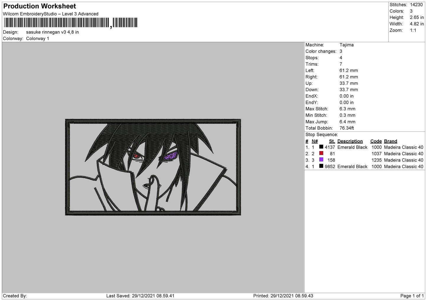 Sasuke Rinnegan V3 Embroidery File 4 size