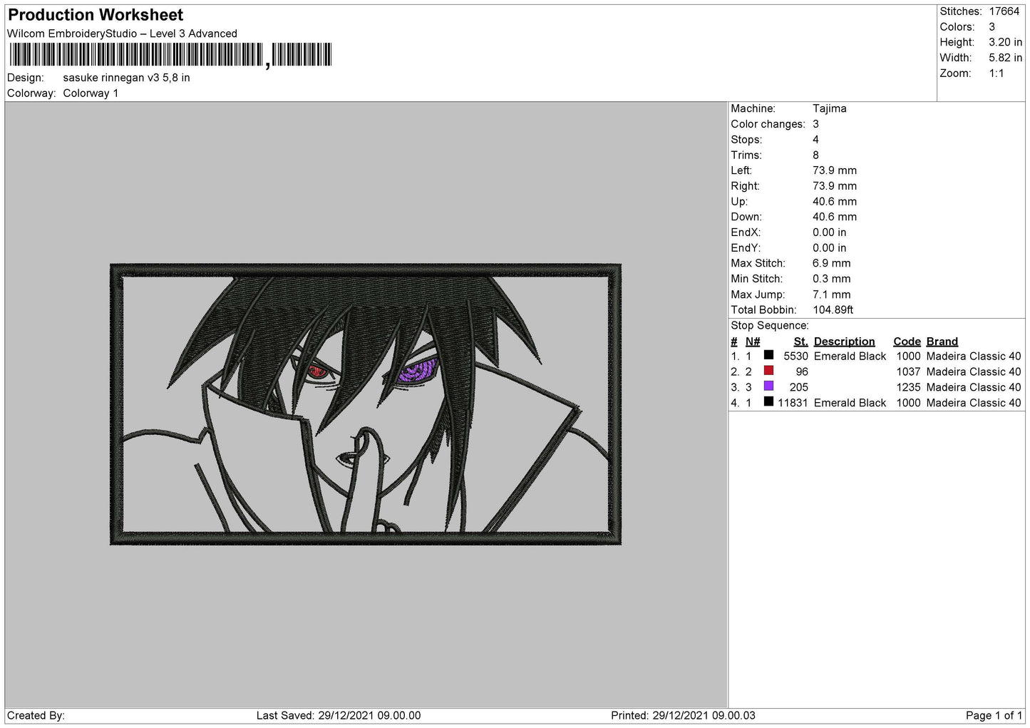 Sasuke Rinnegan V3 Embroidery File 4 size