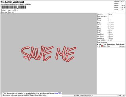 Save Me Text Embroidery File 4 size