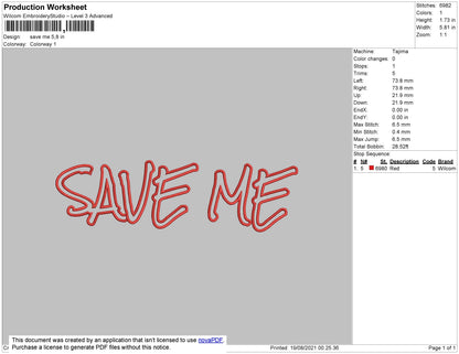 Save Me Text Embroidery File 4 size