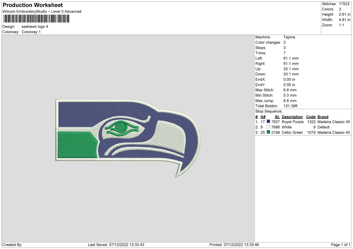 Seahawk L Embroidery File 6 sizes