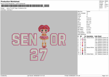 Senior Doll Filled Embroidery Machine Design File 6 sizes