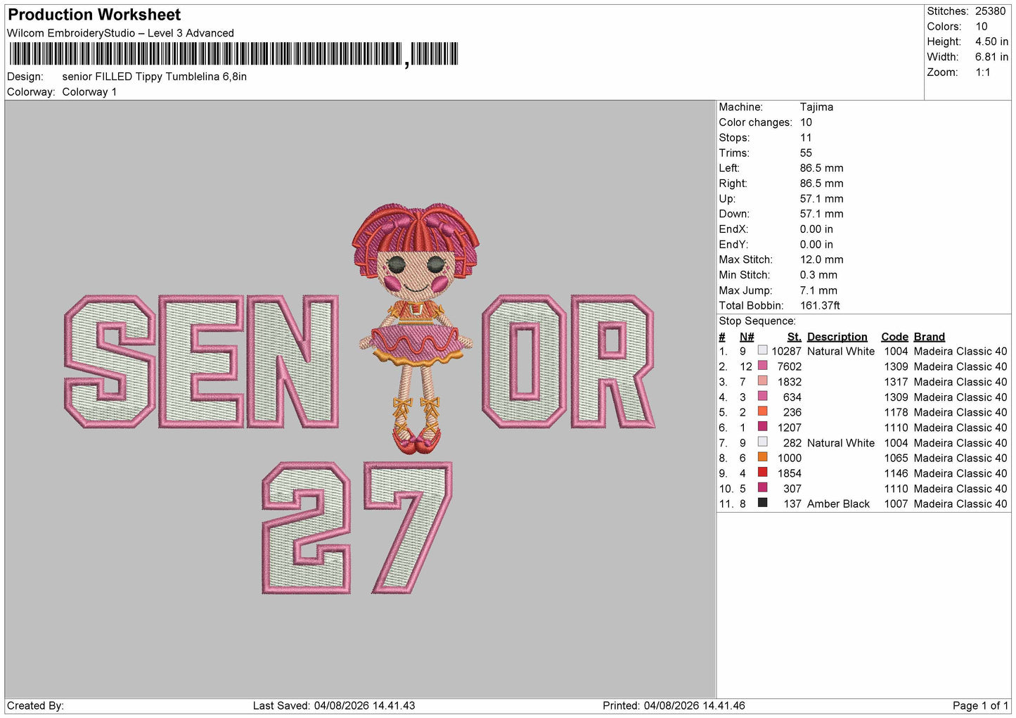 Senior Doll Filled Embroidery Machine Design File 6 sizes