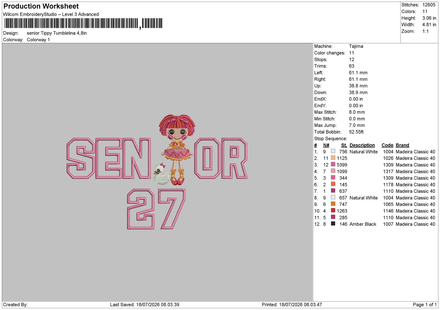 senior Tippy Tumblelina App Embroidery File 6 sizes