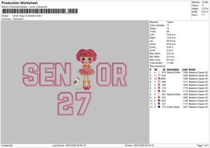 senior Tippy Tumblelina App Embroidery File 6 sizes