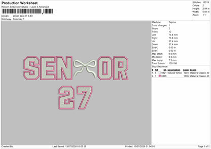 Senior Bow 27 Embroidery Machine Design File 6 sizes