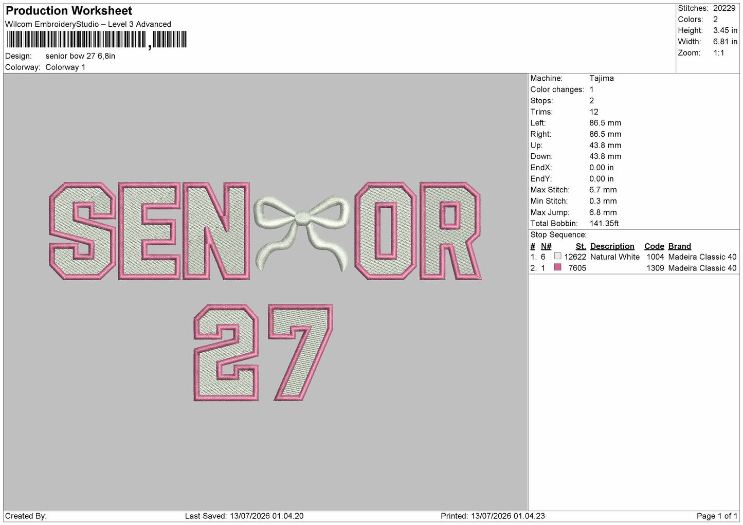 Senior Bow 27 Embroidery Machine Design File 6 sizes