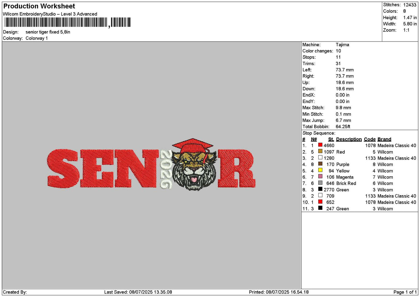Senior Tiger Embroidery File 6 sizes