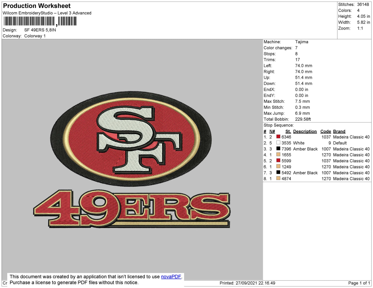 SF 49ERS Embroidery File 4 size