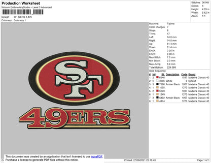 SF 49ERS Embroidery File 4 size