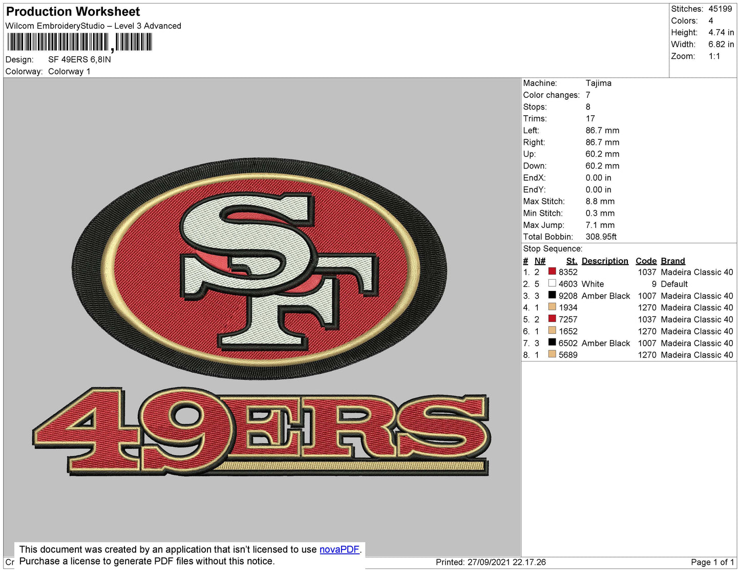 SF 49ERS Embroidery File 4 size