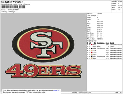 SF 49ERS Embroidery File 4 size