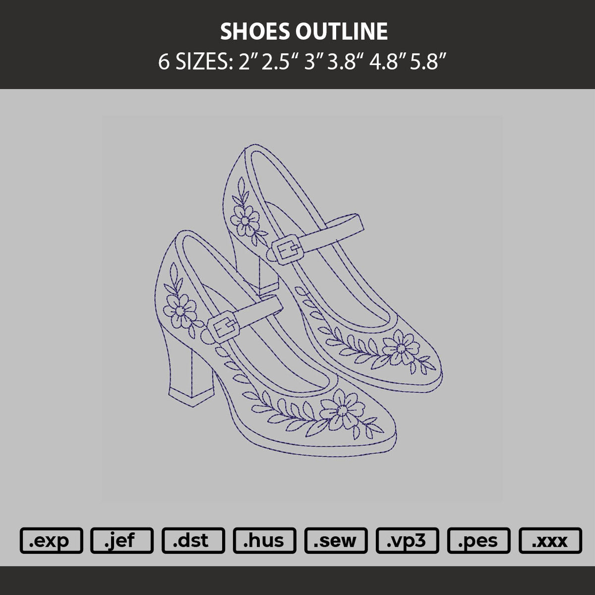 Shoes Outline Embroidery Machine Design File 6 sizes
