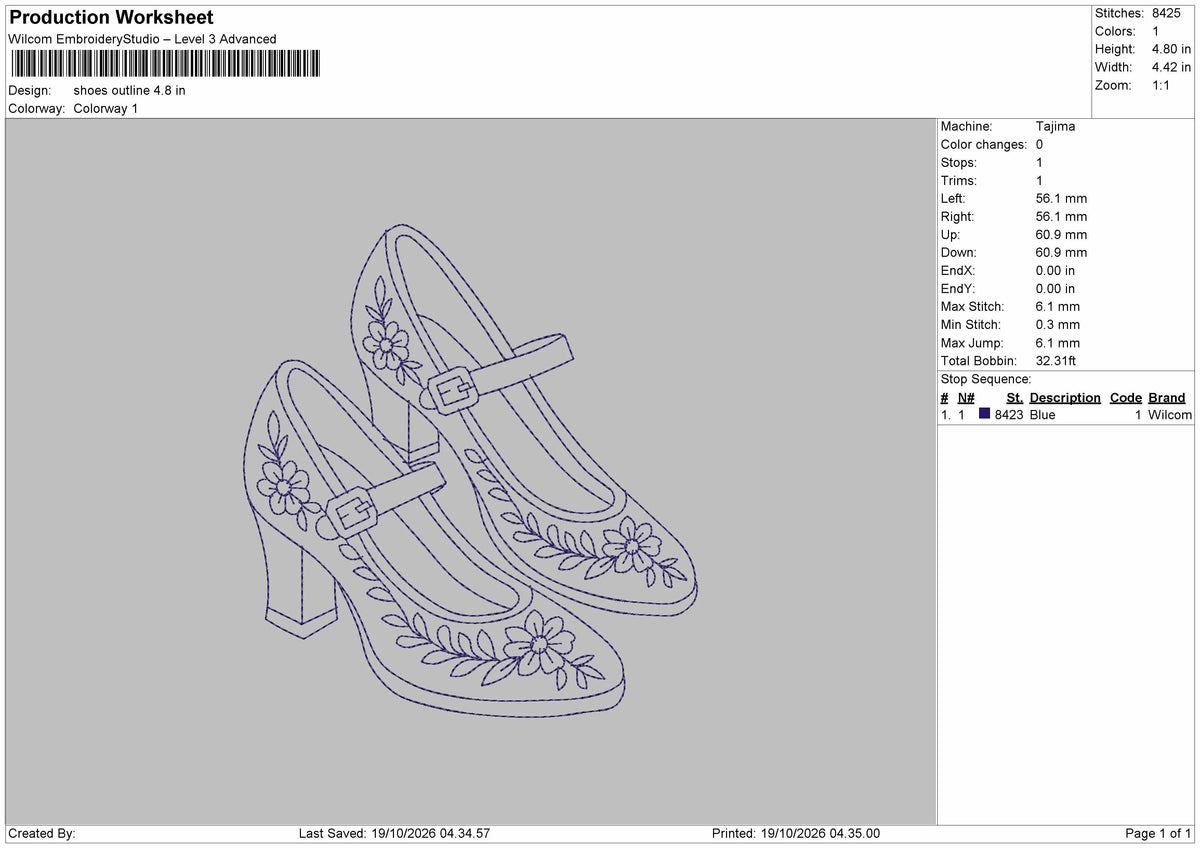Shoes Outline Embroidery Machine Design File 6 sizes